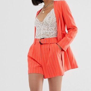 New Collarless Belted Coral Blazer and Shorts Set